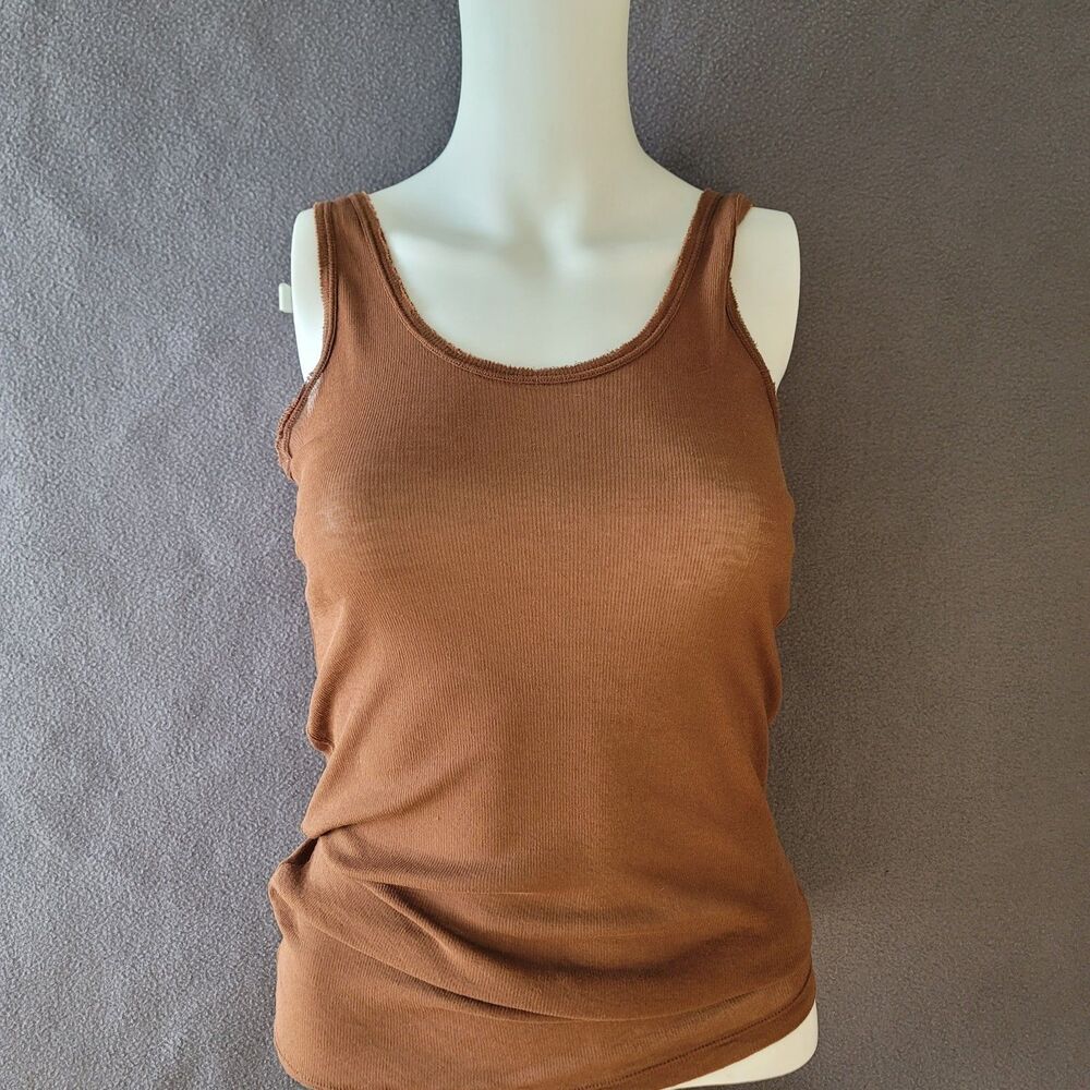 VPL Ribbed Tank Top M Medium Brown Sheer Scoop Neck Sleeveless Stitching Basics